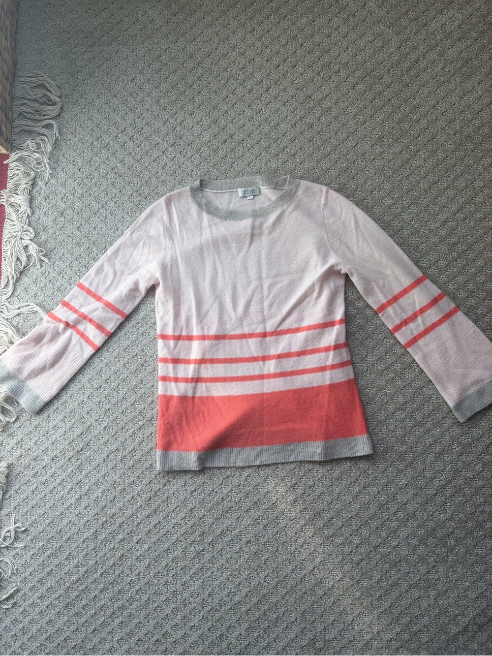 Women’s 100% cashmere Light Pink & Coral Striped Crewneck Sweater